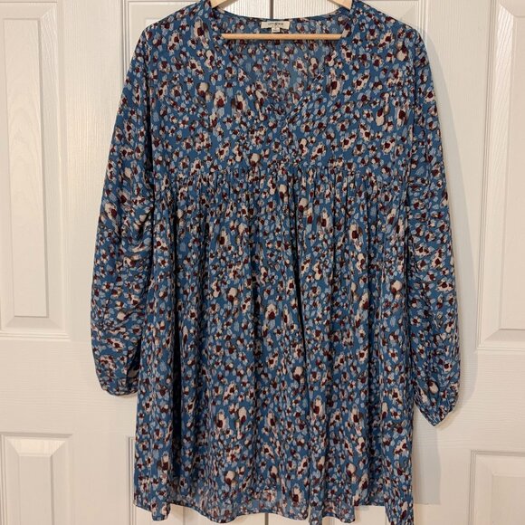 Umgee Dresses & Skirts - Boho Mini Peasant Baby Doll Dress‎ Tunic Blue Mixed Print Size Small